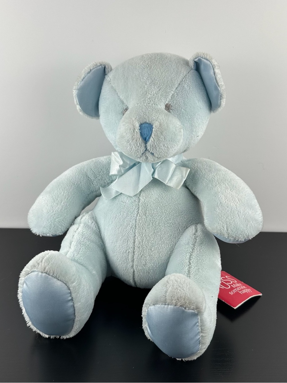 Russ Berrie RARE Bitsy Blue Teddy Bear 11” Ribbon Bow Plush Rattle Inside